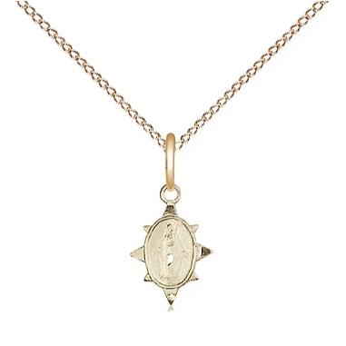 Miraculous Medal Necklace - 14K Gold - 3/8 Inch Tall by 1/4 Inch Wide with 18" Chain