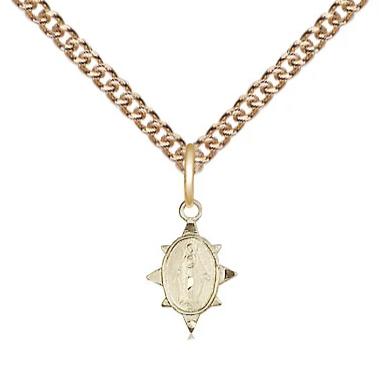 Miraculous Medal Necklace - 14K Gold - 3/8 Inch Tall by 1/4 Inch Wide with 24" Chain