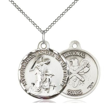 Guardain Angel National Guard Medal Necklace - Sterling Silver - 7/8 Inch Tall x 3/4 Inch Wide with 18" Chain