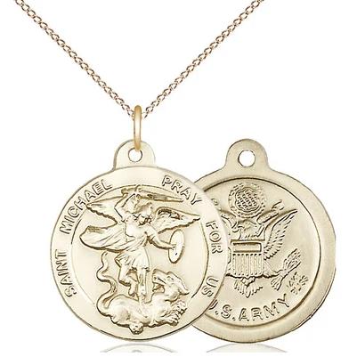 St. Michael Army Medal Necklace - 14K Gold - 7/8 Inch Tall x 3/4 Inch Wide with 18" Chain