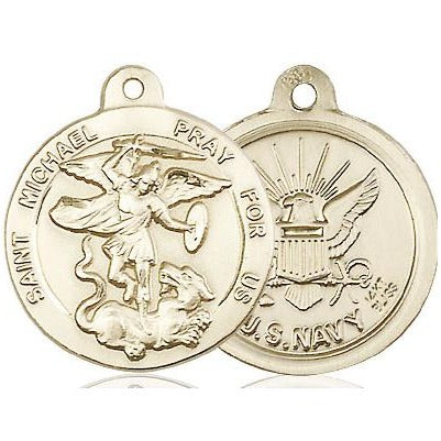 St. Michael Navy Medal Necklace - 14K Gold - 7/8 Inch Tall x 3/4 Inch Wide with 24" Chain