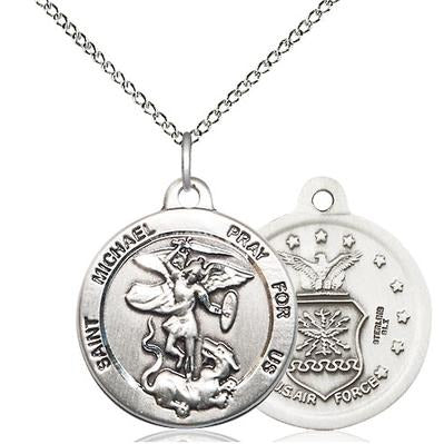 St. Michael Air Force Medal Necklace - Sterling Silver - 7/8 Inch Tall x 3/4 Inch Wide with 18" Chain