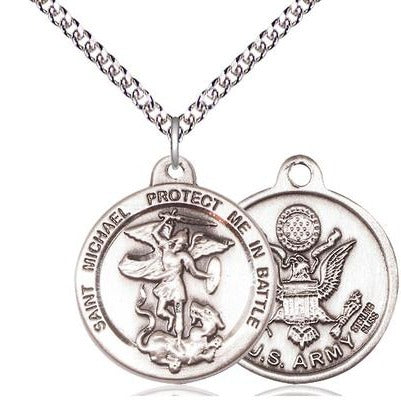 St. Michael Army Medal Necklace - Sterling Silver - 7/8 Inch Tall x 1-3/8 Inch Wide with 24" Chain