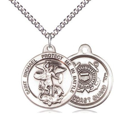 St. Michael Coast Guard Medal Necklace - Sterling Silver - 7/8 Inch Tall x 1-3/8 Inch Wide with 24" Chain