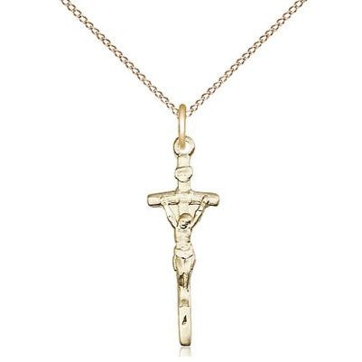 Papal Crucifix Medal Necklace - 14K Gold - 7/8 Inch Tall x 1/4 Inch Wide with 18" Chain