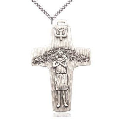 Papal Crucifix Medal Necklace - Sterling Silver - 2-5/8 Inch Tall x 1-5/8 Inch Wide with 24" Chain