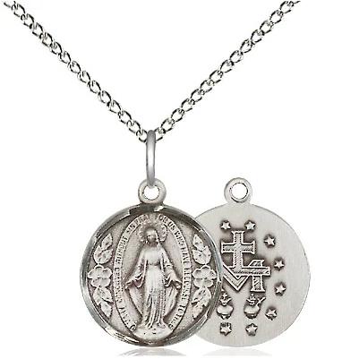 Miraculous Medal Necklace - Sterling Silver - 5/8 Inch Tall by 1/2 Inch Wide with 18" Chain