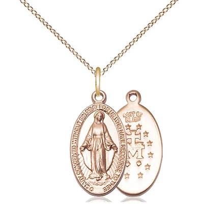Miraculous Medal Necklace - 14K Gold - 3/4 Inch Tall by 3/8 Inch Wide with 18" Chain