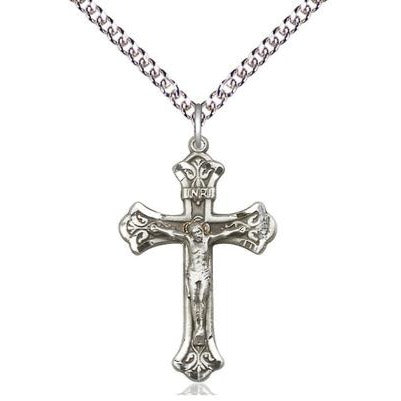 Crucifix Medal Necklace - Sterling Silver - 1-1/8 Inch Tall x 5/8 Inch Wide with 24" Chain