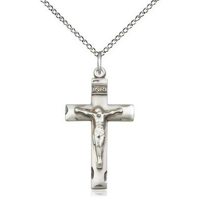 Crucifix Medal Necklace - Sterling Silver - 1-1/8 Inch Tall x 5/8 Inch Wide with 18" Chain