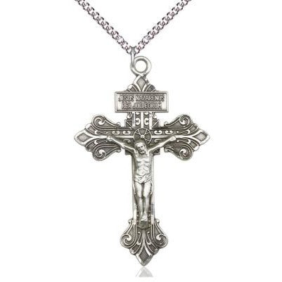 Crucifix Medal Necklace - Sterling Silver - 2-1/8 Inch Tall x 1-3/8 Inch Wide with 24" Chain