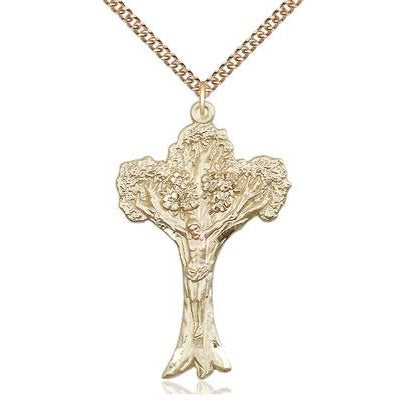 Tree of Life Crucifix Medal Necklace - 14K Gold - 1-5/8 Inch Tall x 1 Inch Wide with 24" Chain