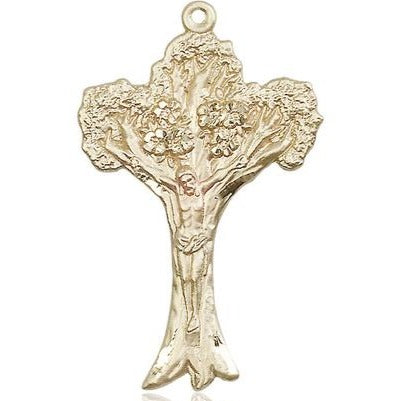 Tree of Life Crucifix Medal Necklace - 14K Gold - 1-5/8 Inch Tall x 1 Inch Wide with 24" Chain