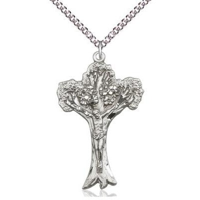 Tree of Life Crucifix Medal Necklace - Sterling Silver - 1-5/8 Inch Tall x 1 Inch Wide with 24" Chain