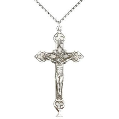 Crucifix Medal Necklace - Sterling Silver - 1-7/8 Inch Tall x 1-1/8 Inch Wide with 18" Chain