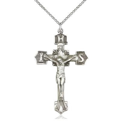 Crucifix Medal Necklace - Sterling Silver - 1-3/4 Inch Tall x 1-1/8 Inch Wide with 18" Chain