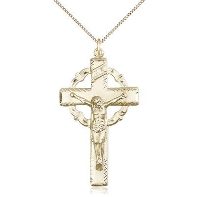 Crucifix Medal Necklace - 14K Gold Filled - 1-5/8 Inch Tall x 7/8 Inch Wide with 18" Chain