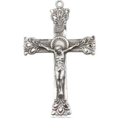 Crucifix Medal Necklace - Sterling Silver - 2 Inch Tall x 1-1/2 Inch Wide with 24" Chain