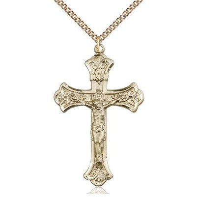 Crucifix Medal Necklace - 14K Gold Filled - 1-7/8 Inch Tall x 1-1/8 Inch Wide with 24" Chain