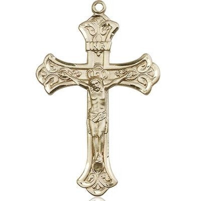 Crucifix Medal Necklace - 14K Gold Filled - 1-7/8 Inch Tall x 1-1/8 Inch Wide with 24" Chain