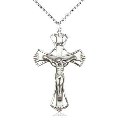 Crucifix Medal Necklace - Sterling Silver - 1-3/4 Inch Tall x 1-1/8 Inch Wide with 18" Chain