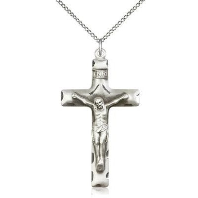 Crucifix Medal Necklace - Sterling Silver - 1-5/8 Inch Tall x 7/8 Inch Wide with 18" Chain