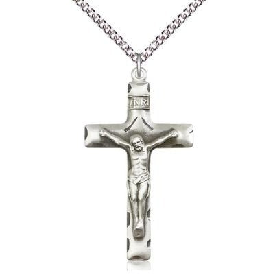 Crucifix Medal Necklace - Sterling Silver - 1-5/8 Inch Tall x 7/8 Inch Wide with 24" Chain