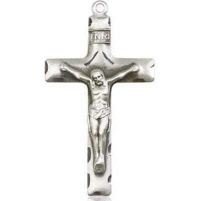 Crucifix Medal Necklace - Sterling Silver - 1-5/8 Inch Tall x 7/8 Inch Wide with 24" Chain