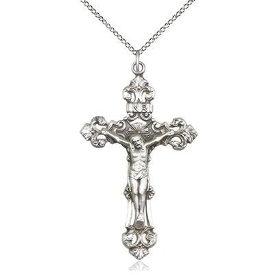 Crucifix Medal Necklace - Sterling Silver - 1-7/8 Inch Tall x 1-1/8 Inch Wide with 18" Chain