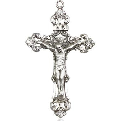 Crucifix Medal Necklace - Sterling Silver - 1-7/8 Inch Tall x 1-1/8 Inch Wide with 24" Chain