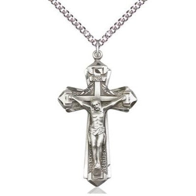Crucifix Medal Necklace - Sterling Silver - 1-5/8 Inch Tall x 7/8 Inch Wide with 24" Chain