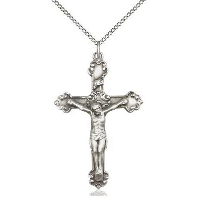 Crucifix Medal Necklace - Sterling Silver - 1-1/2 Inch Tall x 1 Inch Wide with 18" Chain