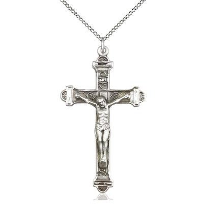 Crucifix Medal Necklace - Sterling Silver - 1-7/8 Inch Tall x 1 Inch Wide with 18" Chain
