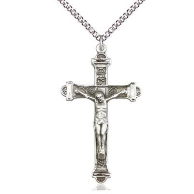 Crucifix Medal Necklace - Sterling Silver - 1-7/8 Inch Tall x 1 Inch Wide with 24" Chain