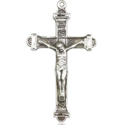 Crucifix Medal Necklace - Sterling Silver - 1-7/8 Inch Tall x 1 Inch Wide with 24" Chain