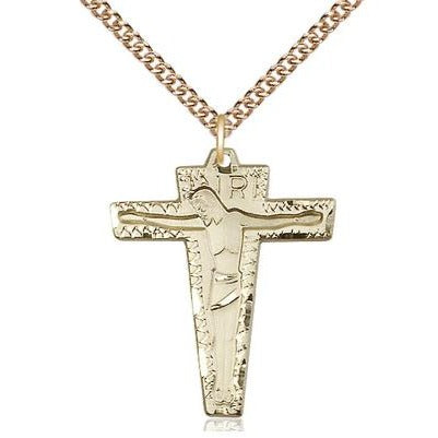 Primative Crucifix Medal Necklace - 14K Gold Filled - 1-1/8 Inch Tall x 7/8 Inch Wide with 24" Chain