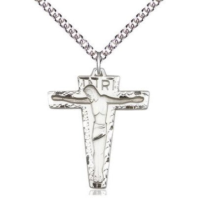 Primative Crucifix Medal Necklace - Sterling Silver - 1-1/8 Inch Tall x 7/8 Inch Wide with 24" Chain