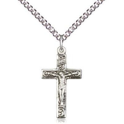 Crucifix Medal Necklace - Sterling Silver - 1 Inch Tall x 1/2 Inch Wide with 24" Chain