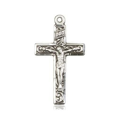 Crucifix Medal Necklace - Sterling Silver - 1 Inch Tall x 1/2 Inch Wide with 18" Chain