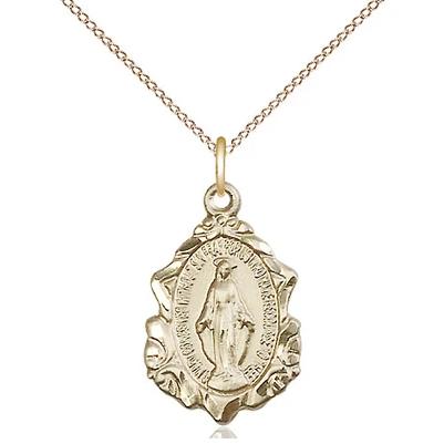 Miraculous Medal Necklace - 14K Gold - 3/4 Inch Tall by 1/2 Inch Wide with 18" Chain