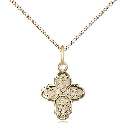 4 Way Medal Necklace - 14K Gold Filled - 1/2 Inch Tall by 3/8 Inch Wide with 18" Chain