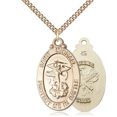 St. Michael National Guard Medal Necklace - 14K Gold - 1-1/8 Inch Tall x 5/8 Inch Wide with 24" Chain