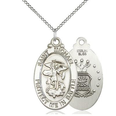 St. Michael Air Force Medal Necklace - Sterling Silver - 1-1/8 Inch Tall x 5/8 Inch Wide with 18" Chain
