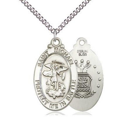 St. Michael Air Force Medal Necklace - Sterling Silver - 1-1/8 Inch Tall x 5/8 Inch Wide with 24" Chain