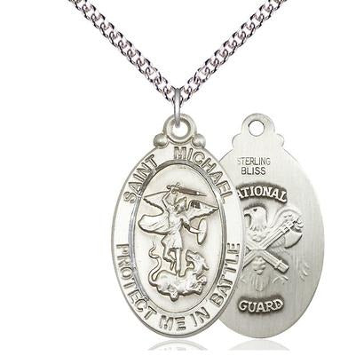 St. Michael National Guard Medal Necklace - Sterling Silver - 1-1/8 Inch Tall x 5/8 Inch Wide with 24" Chain