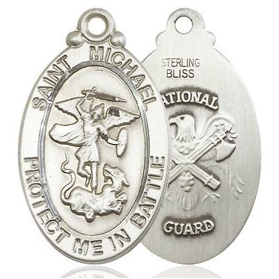 St. Michael National Guard Medal Necklace - Sterling Silver - 1-1/8 Inch Tall x 5/8 Inch Wide with 24" Chain