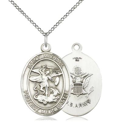 St. Michael Army Medal Necklace - Sterling Silver - 1 Inch Tall x 5/8 Inch Wide with 18" Chain