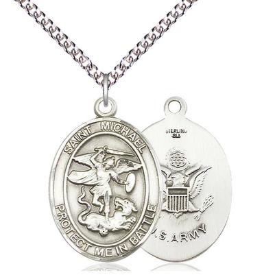 St. Michael Army Medal Necklace - Sterling Silver - 1 Inch Tall x 5/8 Inch Wide with 24" Chain