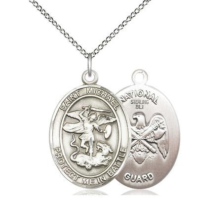 St. Michael National Guard Medal Necklace - Sterling Silver - 1 Inch Tall x 5/8 Inch Wide with 18" Chain