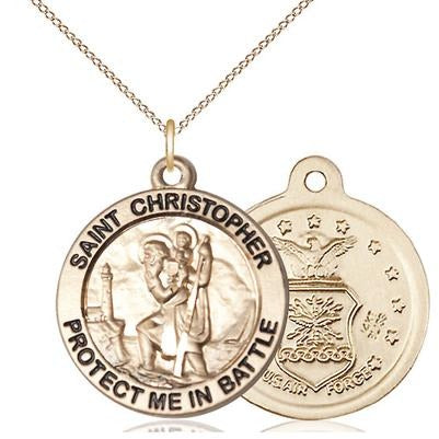 St. Christopher Air Force Medal Necklace - 14K Gold - 1 Inch Tall x 1-5/8 Inch Wide with 18" Chain